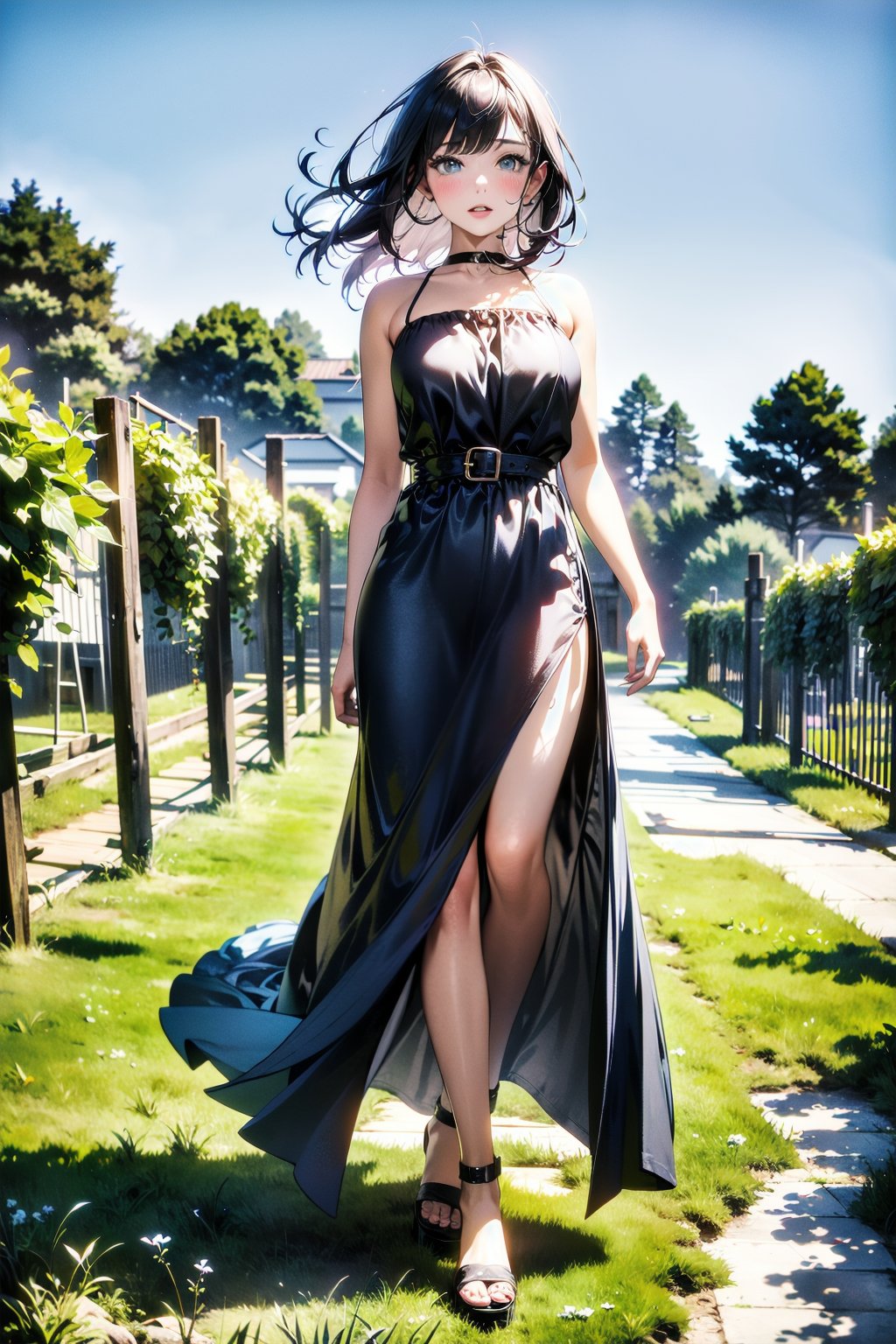 Adult woman with ginger hair, black dress, vineyard, slender, blue sky, full body (masterpiece, best quality:1.3)