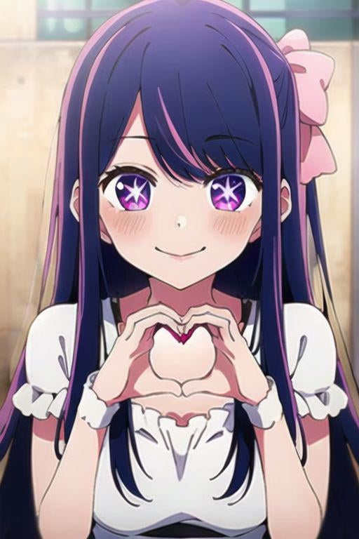 (masterpiece), hoshino ai, purple eyes, purple hair, star-shaped pupils, symbol-shaped pupils, 1girl, outdoors, heart hands, solo, heart, smile, long hair, dress, looking at viewer, bow, blush, hair bow, wrist cuffs, white dress