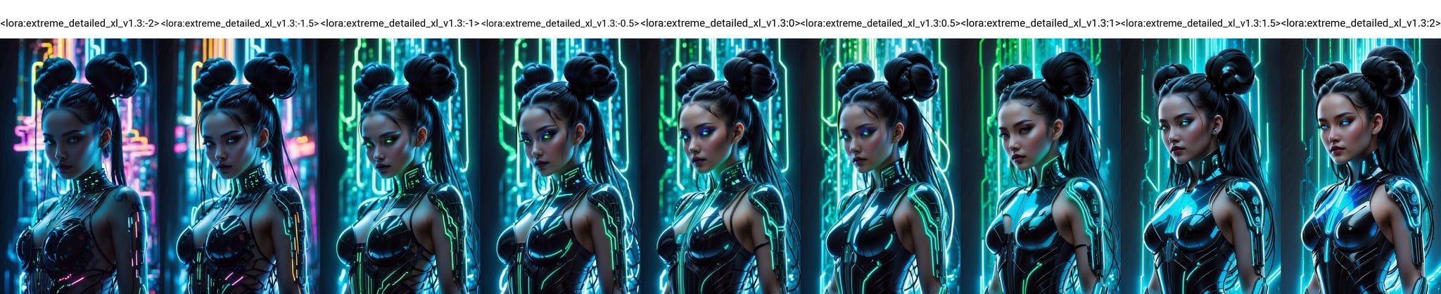 (best quality,8K,highres,masterpiece), ultra-detailed, (masterpiece, best quality, ultra-detailed:1.3), cyberpunk woman adorned with long black hair fashioned into space buns. In this ethereal scene, she embodies the role of the goddess of horticulture, surrounded by millions of microscopic, ultra-bright blue neon strings emanating from her form. composition showcases a stunningly beautiful backlit silhouette, intricately detailed and adorned with neon clouds, creating a mesmerizing and vivid blue color palette <lora:extreme_detailed_xl_v1.3:-2>