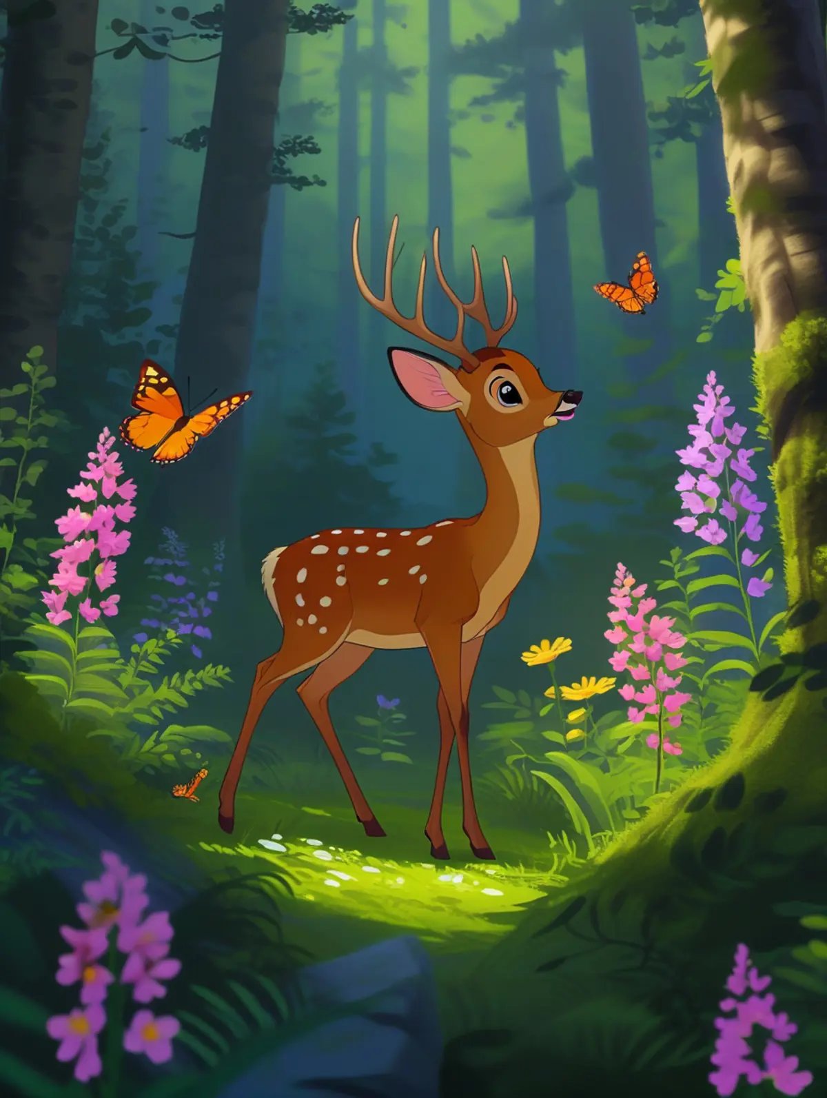 a deer in the forest,flowers, butterfly, cartoon,<lora:J_cartoon:0.8>, j_cartoon,