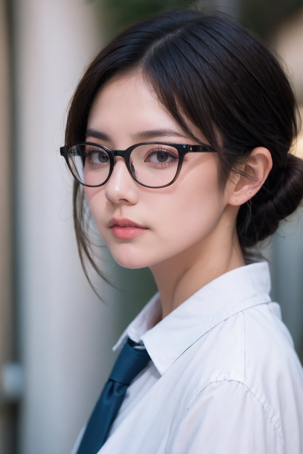 1girl, solo, white shirt, portrait, glasses, (from side)