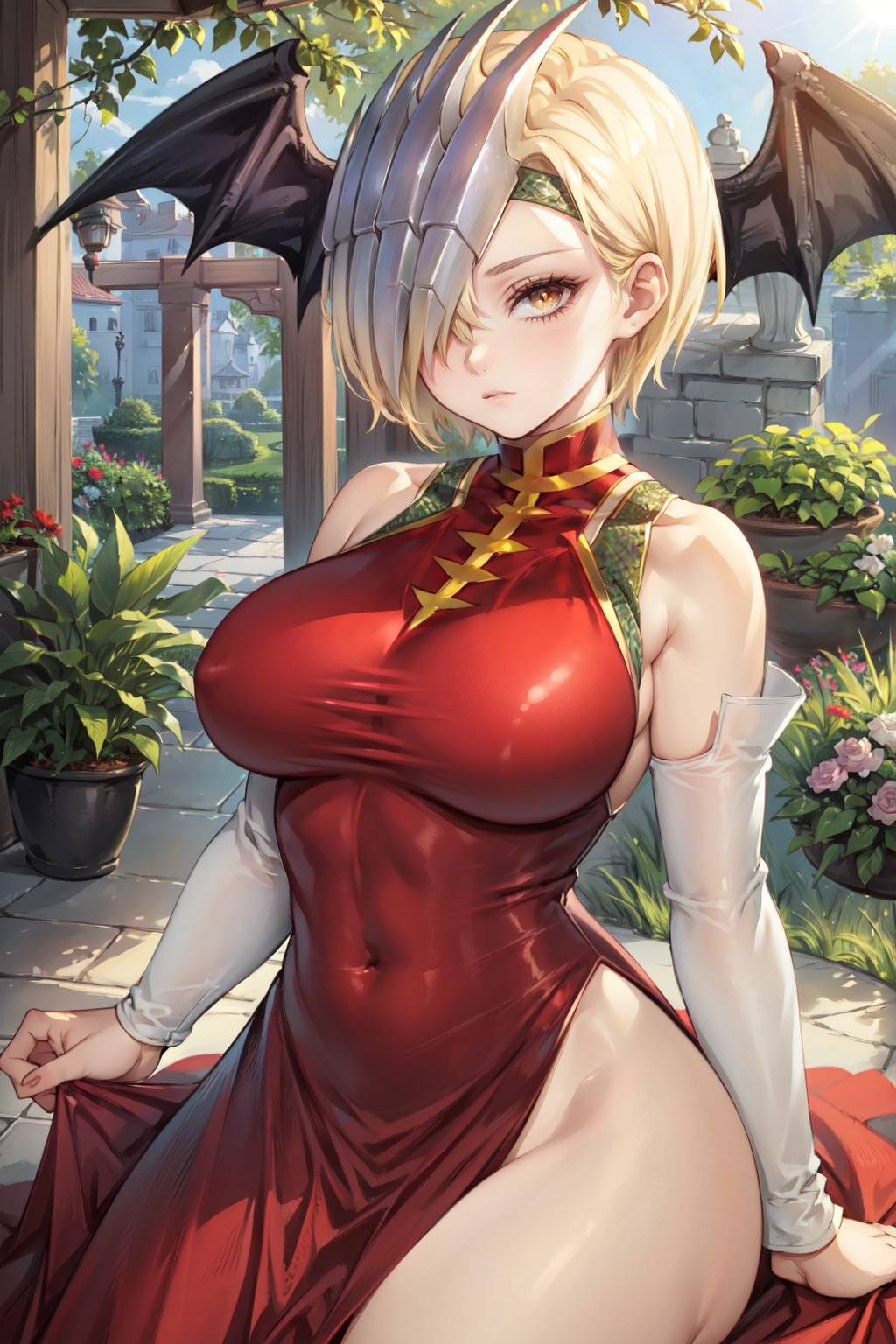(best quality, ultra detailed), (detailed background:1.2), (perfect face, detailed face), looking at viewer, (mature female:1.4),<lora:ryuukyuu-10:0.9> ryuukyuu, short hair, hair over one eye, large breasts, bare shoulders, dress, head wings, red dress, chinese clothes, china dress, thighs, wings(outdoors, garden, sitting)   