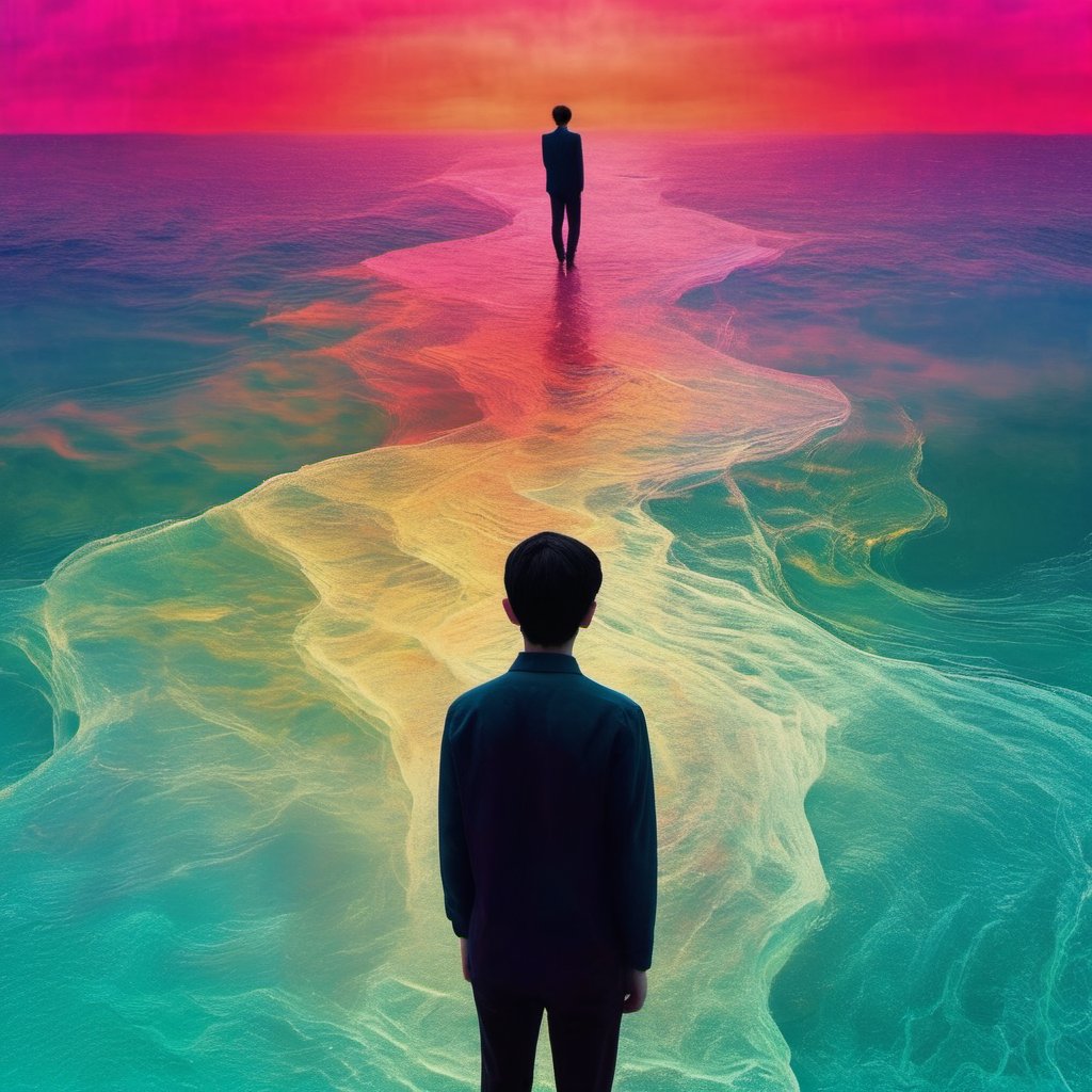 zailus,solo,short hair,black hair,1boy,standing,male focus,ocean,wide shot,colorful,surreal,<lora:lora-000008:1>,