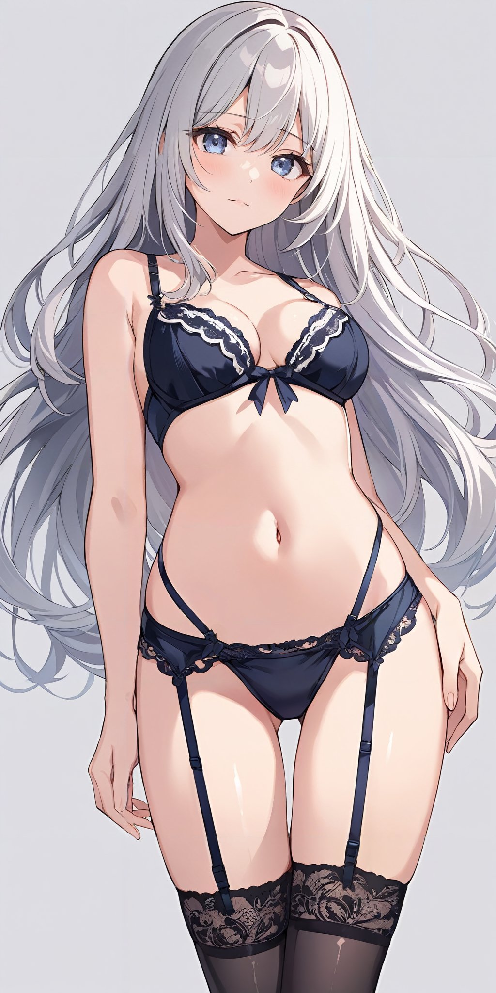 masterpiece,ultra-detailed,best quality,8K,illustration,cute face,clean skin ,shiny hair,girl,ultra-detailed-eyes,simple background,cowboy shot ,source-anime<lora:add-detail-xl:1> <lora:garter belts_XL_V1.0:1> garter belts, thighhighs,bra