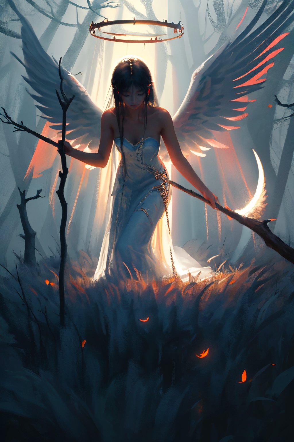 huiren01,1girl,wings,halo,long hair,solo,dress,angel,angel wings,holding,white dress,black hair,bare shoulders,scythe,feathered wings,nature,forest,staff,closed eyes,strapless dress,strapless,weapon,<lora:guiren1.5:0.8>,, masterpiece, best quality,