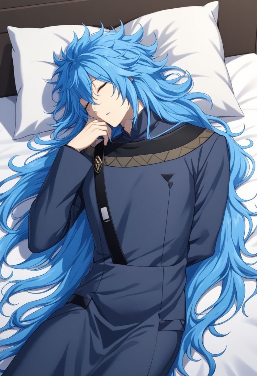 idia_styx, blue hair, very long hair, 1boy, dark blue robe, sleeping, closed eyes, lying on the bed, hands on chest