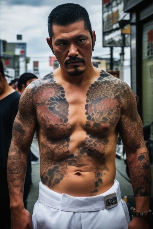 yakuza, <lyco:wabori1:1.0>wabori,street fighter, cowboy shot, in  akihabara maid  cafe,a men wabori skin,yakuza,background in tokyo,realistic,photreal,masterpiece,best quality,cinematic photo of a mexican cartel ganger with tatoos, epic lighting,tattoo,  <lora:dreamlookai_stable-diffusion-v1-5_step_1200_3a1b8469_lora:1>