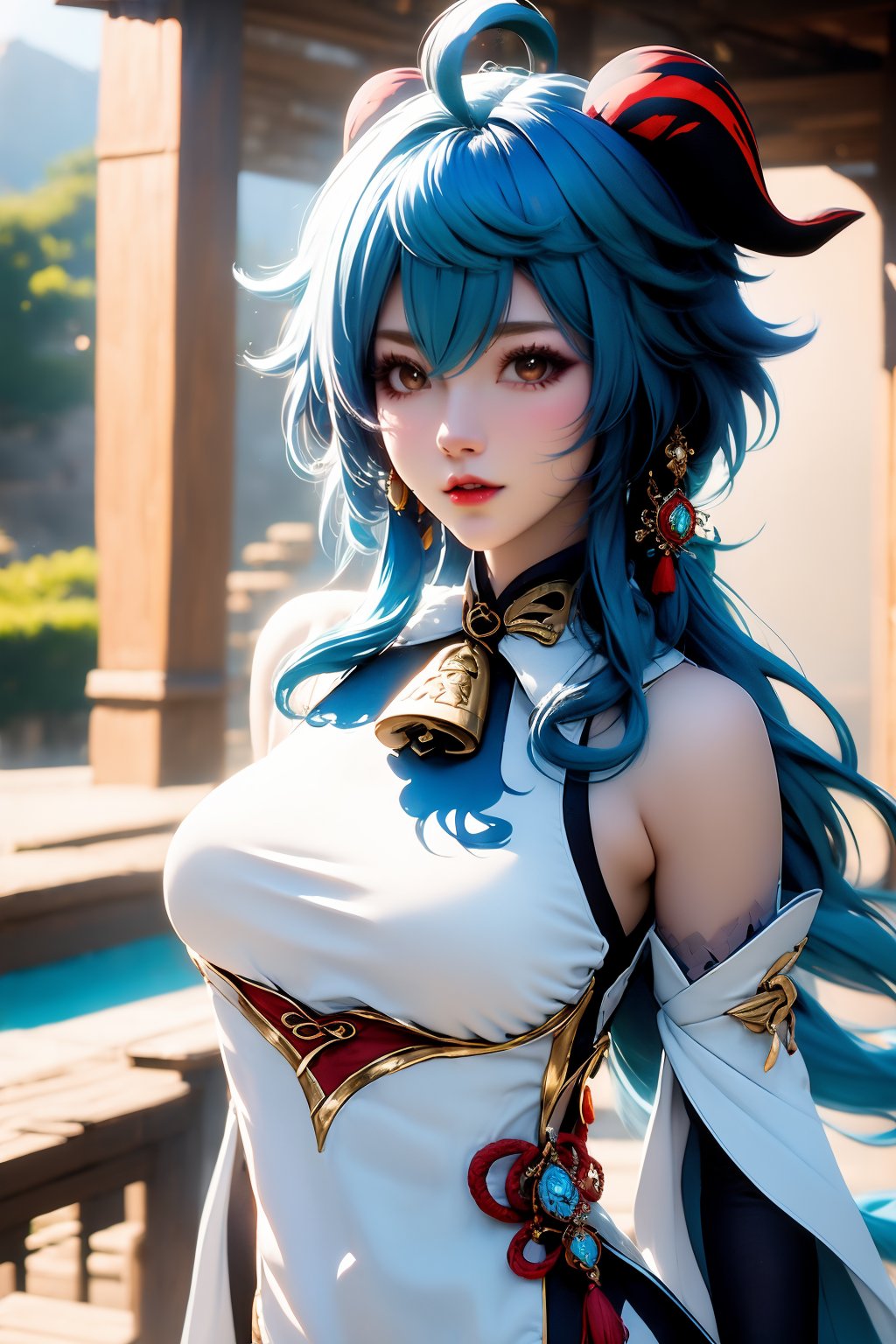 1girl, solo, ganyu \(genshin impact\), long hair, breasts, detached sleeves, blue hair, bell, horns, bare shoulders, gloves, vision \(genshin impact\), jewelry, earrings, looking at viewer, ahoge, black gloves, large breasts, bodystocking, parted lips, cowbell, tassel, lips, outdoors, goat horns, neck bell, cowboy shot, blurry, brown eyes, east asian architecture,