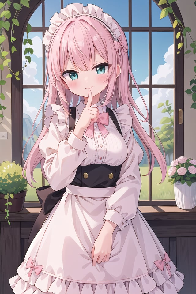 insanely detailed, absurdres, ultra-highres, ultra-detailed, best quality,1girl, solo, nice hands, perfect hands,BREAKapron, blush, bow, bowtie, frilled apron, frills, long sleeves, maid, maid apron, maid headdress, waist apron, white apronBREAKsmile, closed mouthBREAKfinger to mouth, index finger raised, shushing, cowboy shot, looking at viewer,BREAKslender, kawaii, perfect symmetrical face, ultra cute girl, ultra cute face, ultra detailed eyes, ultra detailed hair, ultra cute, ultra beautiful,BREAKday, flower, ivy, leaf, indoors, open door, plant, potted plant, vines, window,BREAKwhite (pink:1.2) hair, green eyes, long hair, medium breasts, bangs, eyebrows visible through hair,