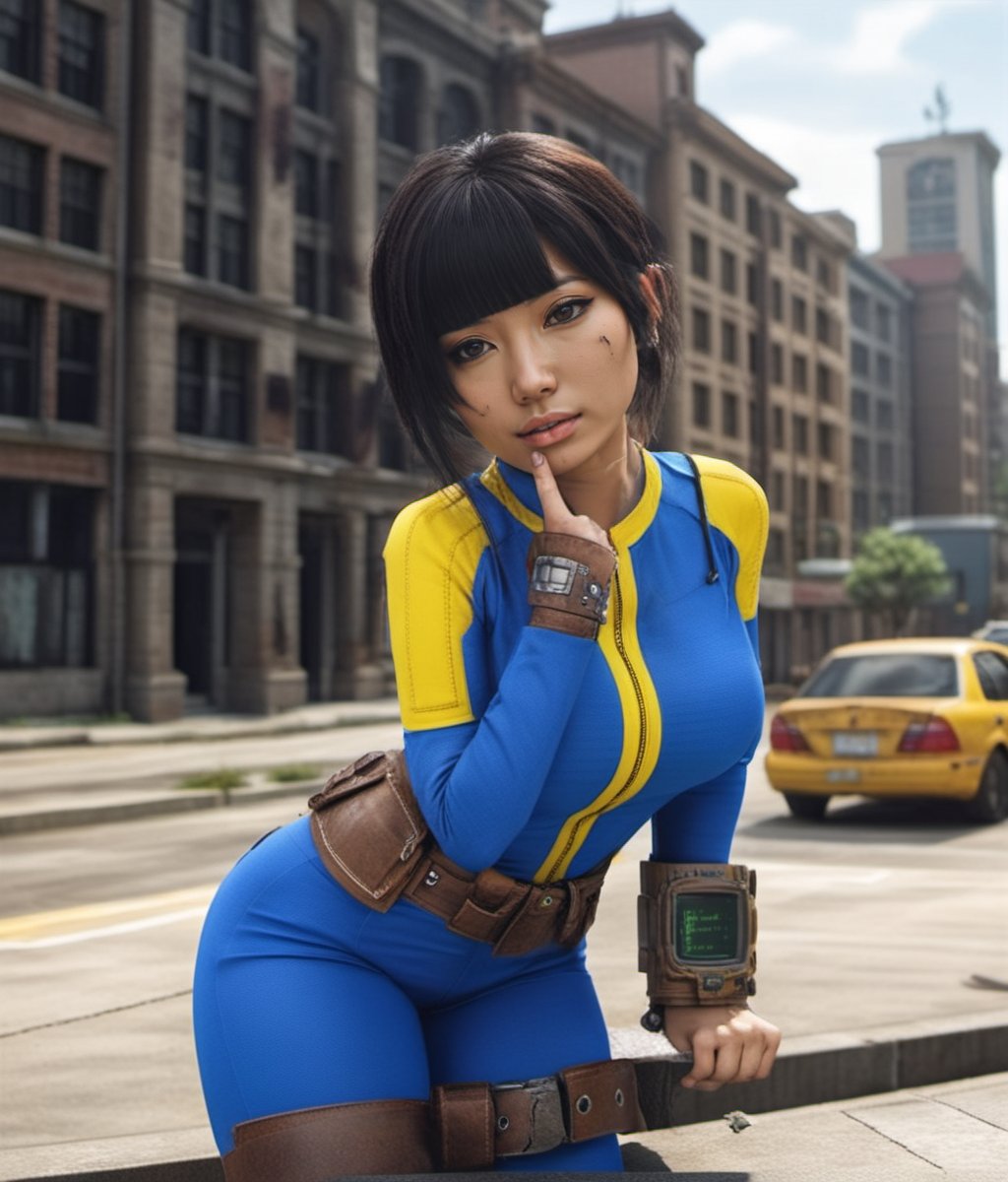 Dystopian style a cute asian woman wears a blue and yellow outfit, a computer wrist, a belt, in a city <lora:Fallout-V2-1024-120:0.8> . Bleak, post-apocalyptic, somber, dramatic, highly detailed