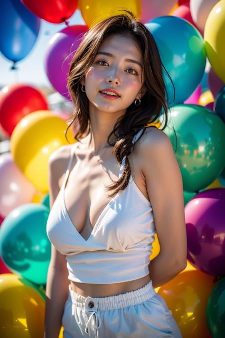 A 28-year-old girl,surrounded by a backdrop of colorful balloons,joyful and celebratory atmosphere,vibrant and diverse colors,dynamic pose,sunny day,cheerful and lively mood,best quality,masterpiece,illustration,an extremely delicate and beautiful,CG,unity,8k wallpaper,Amazing,finely detail,masterpiece,official art,extremely detailed CG unity 8k wallpaper,incredibly absurdres,huge filesize,ultra-detailed,highres,extremely detailed,beautiful detailed girl,realistic,light contrast,<lora:Colorful Balloons_20240314122920:0.8>,