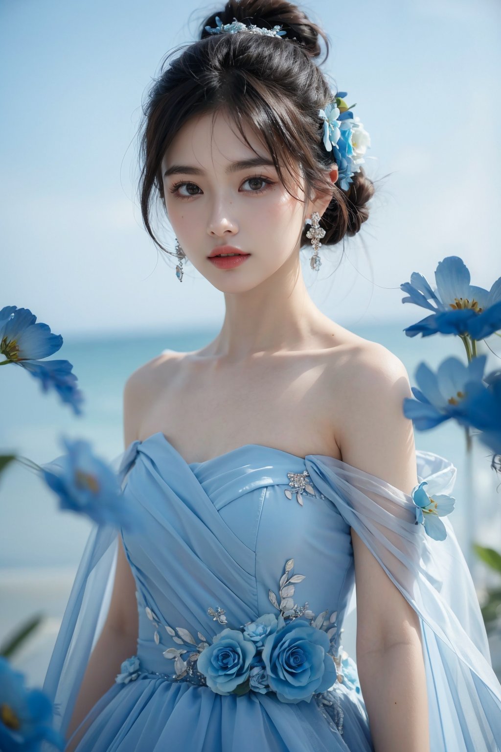 photorealistic,realistic,photography,masterpiece,best quality,ultra-detailed,extremely detailed CG unity 8k wallpaper,(reality: 1.4),1girl,solo, standing,black hair,long hair,hair ornament,looking at viewer,solo,solo,looking at viewer,brown hair,black hair,hair ornament,dress,bare shoulders,jewelry,collarbone,flower,earrings,hair flower,hair bun,blurry,blue flower dress, <lora:JAY - BLUE FLOWER DRESS:0.8>, (best quality:1.3)