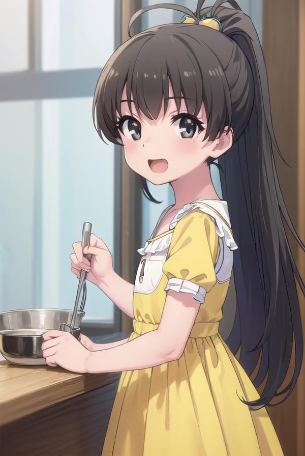 hinatakanashi, <lora:hina takanashi s1-lora-nochekaiser:1>,hina takanashi, long hair, black hair, (black eyes:1.3), ponytail, antenna hair, child, smile, open mouth,BREAK dress, yellow dress, short sleeves,BREAK indoors,BREAK looking at viewer, (cowboy shot:1.5),BREAK <lyco:GoodHands-beta2:1>, (masterpiece:1.2), best quality, high resolution, unity 8k wallpaper, (illustration:0.8), (beautiful detailed eyes:1.6), extremely detailed face, perfect lighting, extremely detailed CG, (perfect hands, perfect anatomy), 