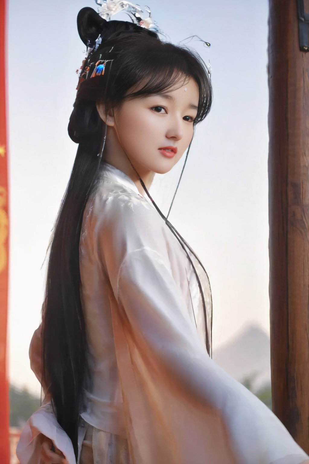 (global illumination, reality,ray tracing, HDR, unreal rendering, reasonable design, high detail, masterpiece,best quality, ultra high definition, movie lighting),1girl,outdoor,looking_at_viewer,side_blunt_bangs,china_dress,chinese_style,big breasts,pose,solo,1girl,black hair,black eyes,  hanfu <lora:HanfuSongWutaiXj:0.8>