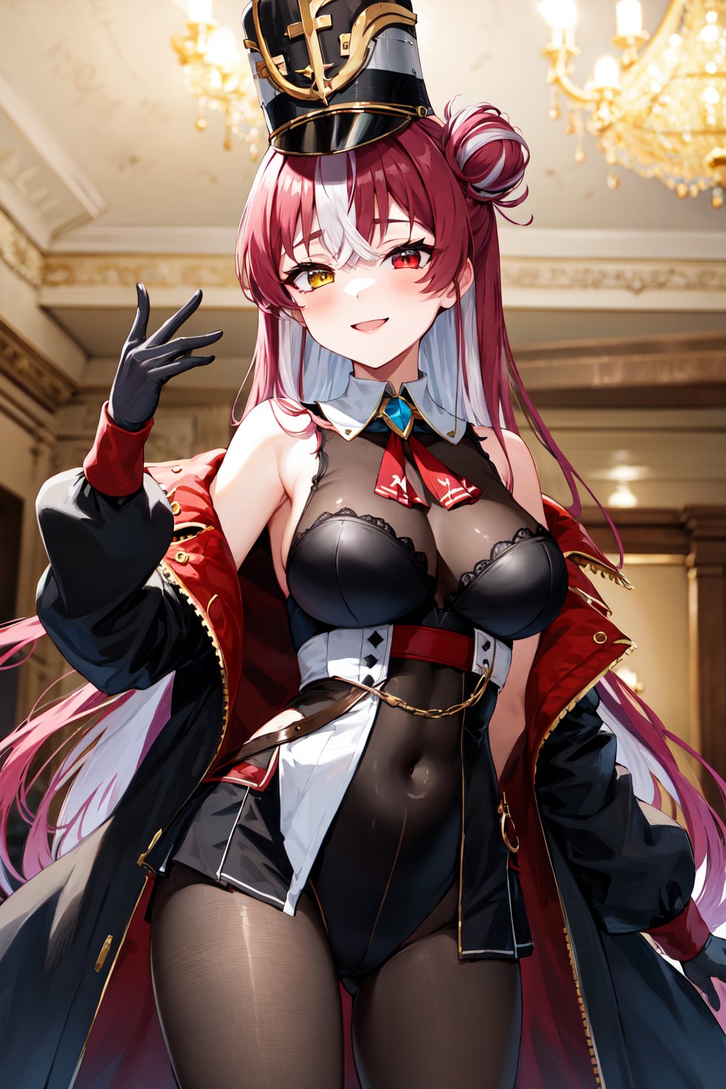 masterpiece, best quality, highres, ggmarine, long hair, single hair bun, multicolored hair, white hair, shako cap, heterochromia, red ascot, bodystocking, black leotard, sleeveless, black coat, open clothes, black gloves, covered navel, black pantyhose, <lora:houshou_marine_v1:0.8>, standing,cowboy shot, indoors, chandelier, smile,