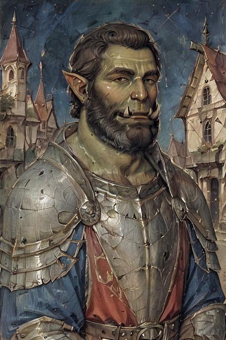 score_9, score_8_up, score_7_up, gothic art, oil painting, traditional media, realistic, solo, male focus, mature male, orc, green skin, tusks, beard, outdoors, armor, looking at viewer, shoulder armor, breastplate, upper body, closed mouth, pauldrons, night, night sky, standing <lora:Gothic Art 2 Style SDXL_LoRA_Pony Diffusion V6 XL:1>