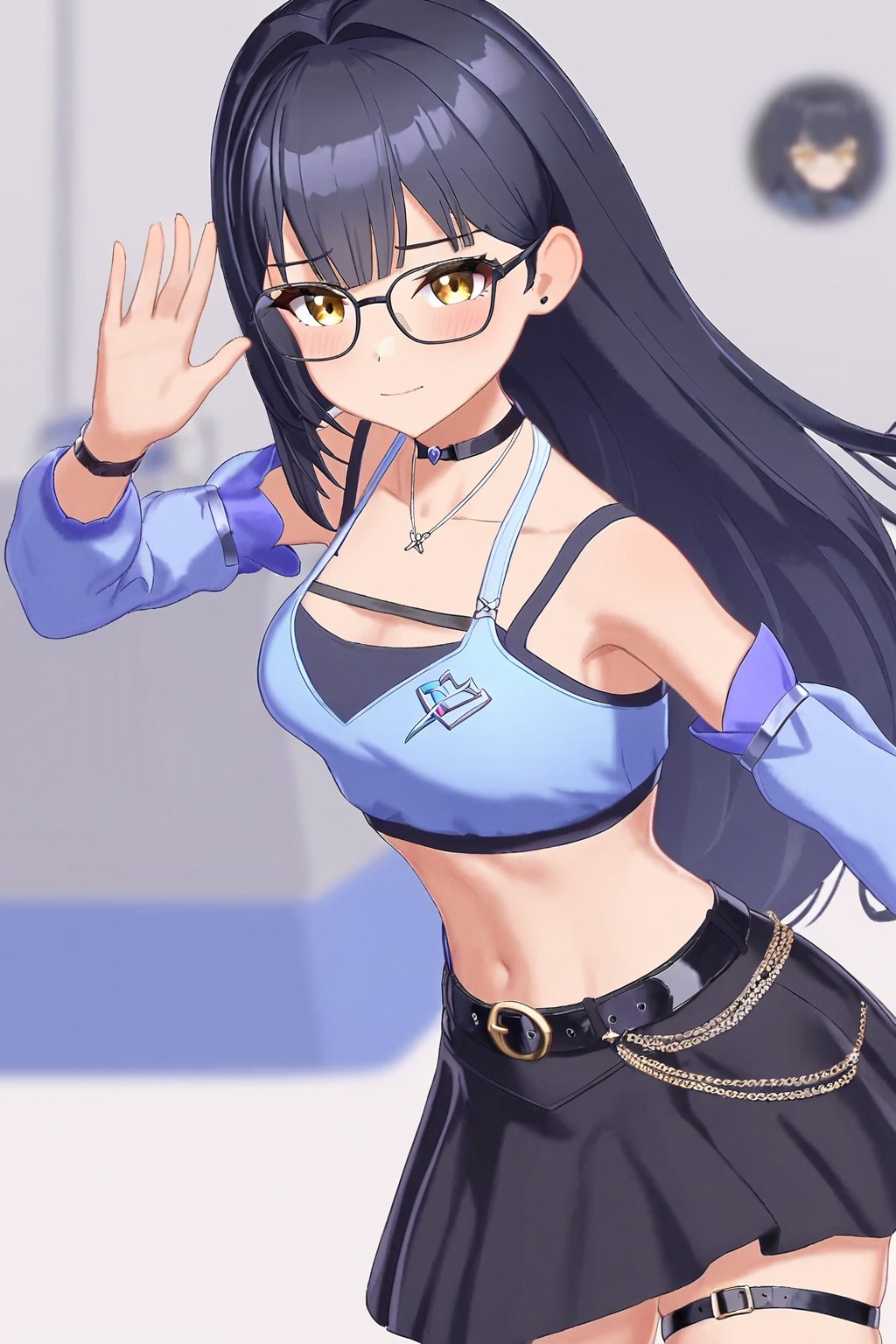 sinuo,1girl,long hair,black skirt,glasses,black hair,choker,thigh strap,looking at viewer,necklace,belt,detached sleeves,black choker,jewelry,yellow eyes,blue crop top,white background,simple background,blurry background,blurry foreground,open clothes,<lora:zhijiang-sinuo-000004:0.6>,