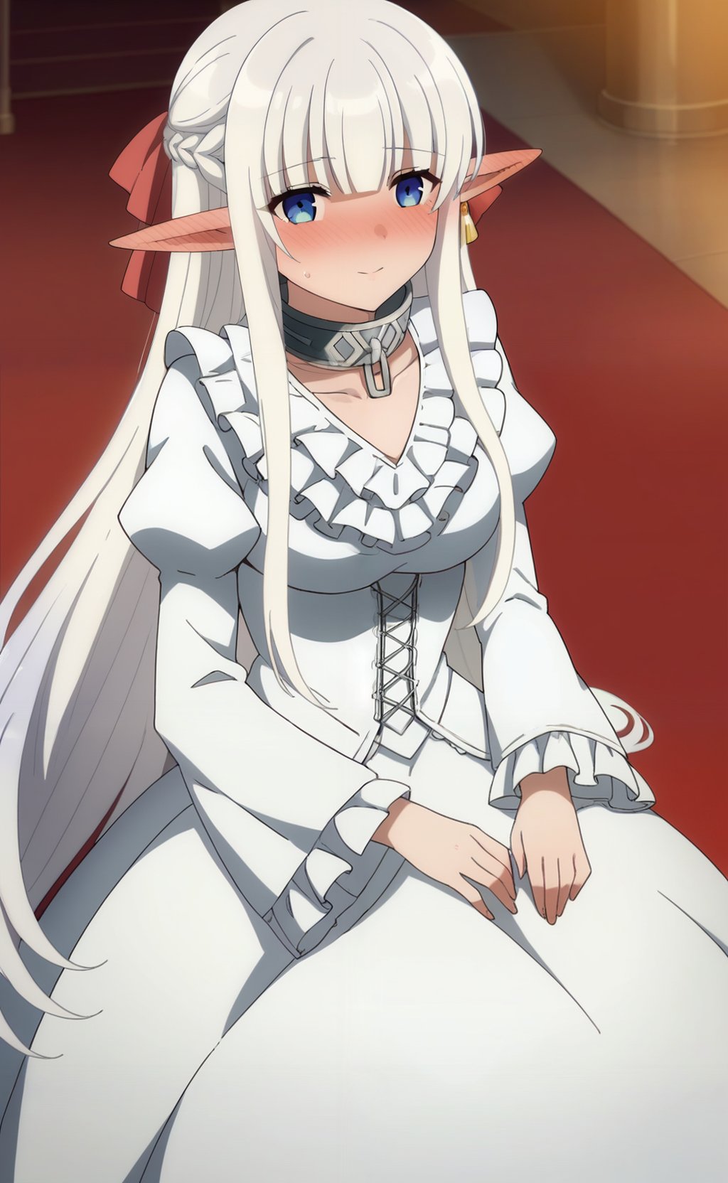 score_9, score_8_up, score_7_up, 1girl,  <lora:nephilia:1> nephiliaxl, pointy ears, blue eyes, long hair, white dress, white hair, elf, long sleeves, collar, frills, blunt bangs, braid, very long hair, wide sleeves, hair ribbon, juliet sleeves, frilled dress, seiza, looking at viewer, nervous, nervous sweating, throne room, blush, ear blush, indoors
