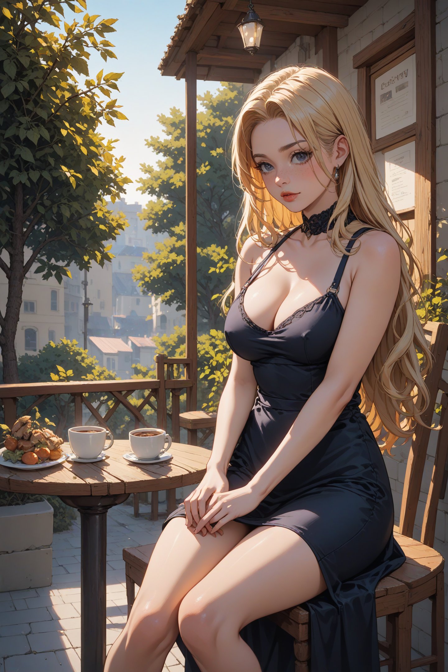 score_9, score_8_up, score_7_up, 1girl, coffee, black dress, cleavage, sitting at a cafe, sunrise, blonde hair, long hair