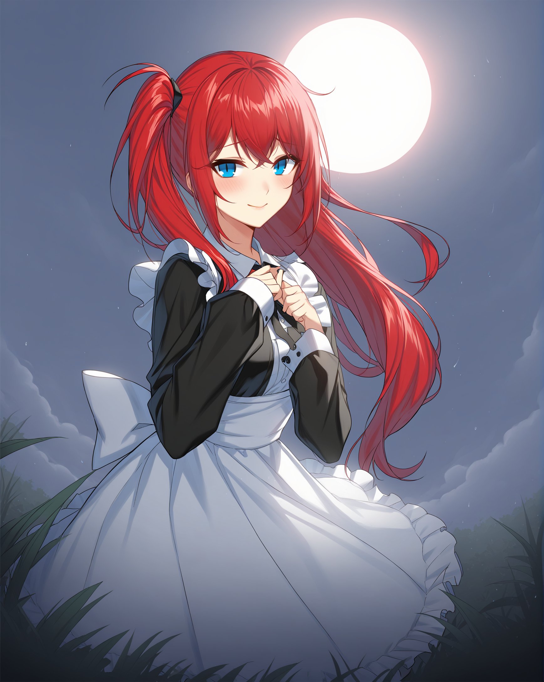 <lora:closers-000002:1>,closers,harpy_\(closers\),1girl,long_hair,looking at viewer,cute_face,blush,blue_eyes,maid_dress,in the rain, day, sky, sun, masterpiece, best quality, Side ponytail, very long hair, 