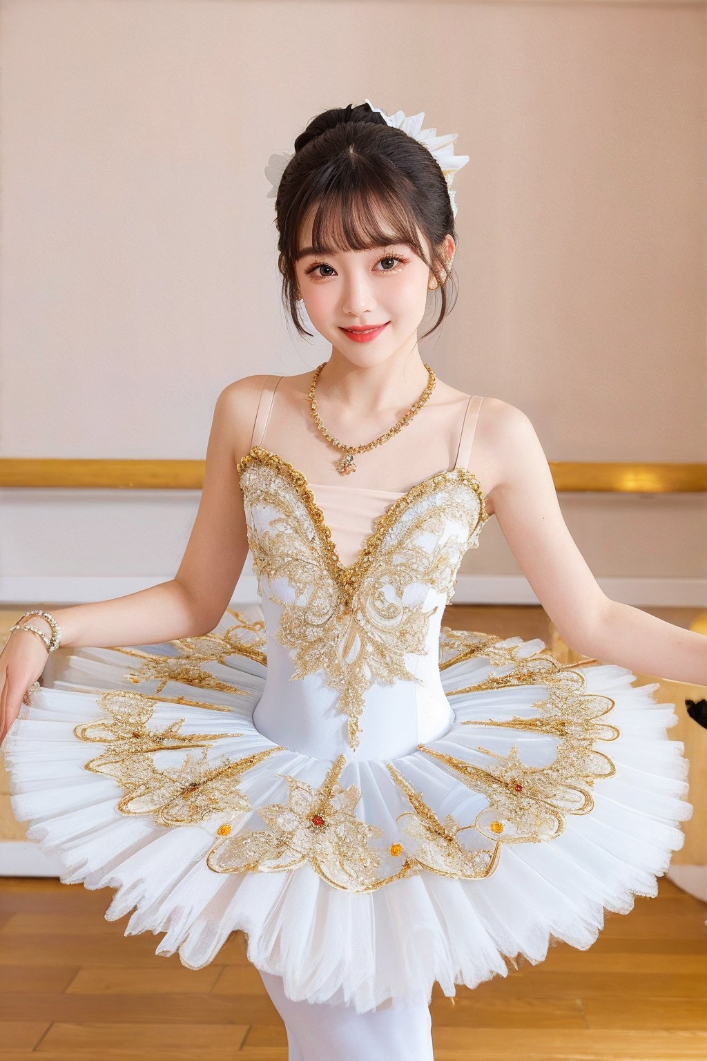 HDR,UHD,8K,best quality,masterpiece,Highly detailed,Studio lighting,ultra-fine painting,sharp focus,physically-based rendering,extreme detail description,Professional,masterpiece, best quality,delicate, beautiful,(1girl),(Ballet_tutu:1.5),(jewelry:1.5),lace,(looking_at_viewer:1.2), realistic,(blunt bangs:1.2),(hair bun),(standing:1),(hair ornament:1.2), (jewelry necklace:1),dance classroom background,(Half-length photo:1),(smile:1),(white lace stockings:1),