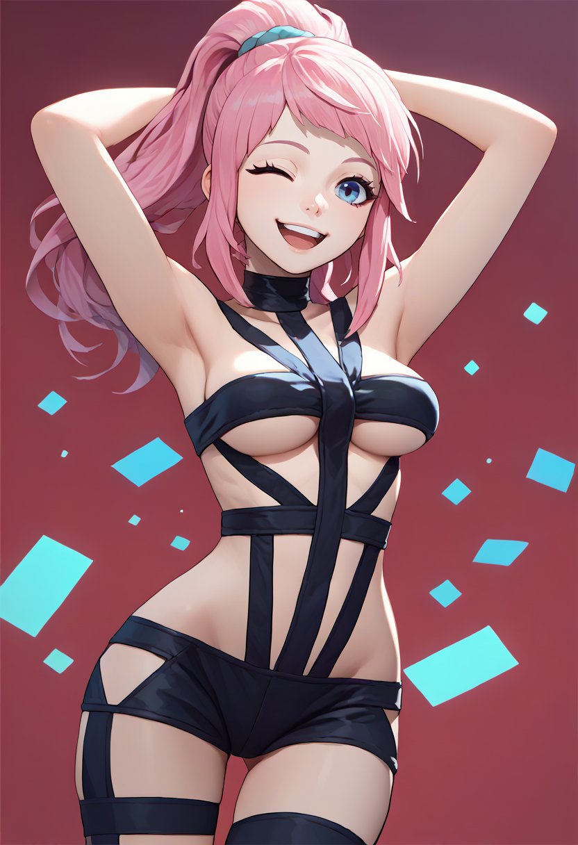 score_9, score_8_up, score_7_up, source_anime, solo, 1girl, feliciarnd, happy, looking at viewer, standing, arms behind head, pink hair, ponytail, blue eyes, one eye closed, hotlimit, revealing clothes, underboob <lora:attire_hotlimit_ponyXL:1> <lora:felicia-fe-richy-v1_xl:1>