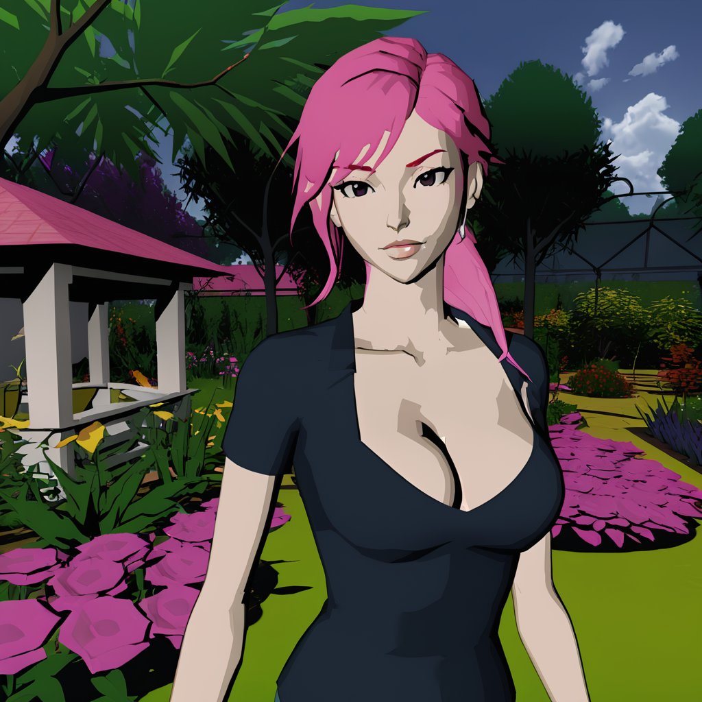 high quality, close up, portrait, vidgame05_xl, 1female, sexy, breasts, cleavage, standing, pink hair, shirt, in the garden, <lora:vidgame_xl:0.8>