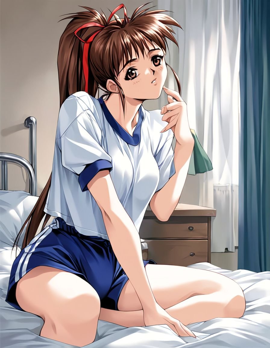 score_9, score_8_up, score_7_up, score_6_up, score_5_up, score_4_up, source_anime, rating_explicit, BREAK <lora:Tanaka_Misa_XL:1> TanakaMisa, 1girl, solo,  ponytail, brown hair, brown eyes, long hair, hair ribbon,  breasts,  room, bed,bed, bandages, gym uniform, sitting, shorts, hospital bed,1990s \(style\),  