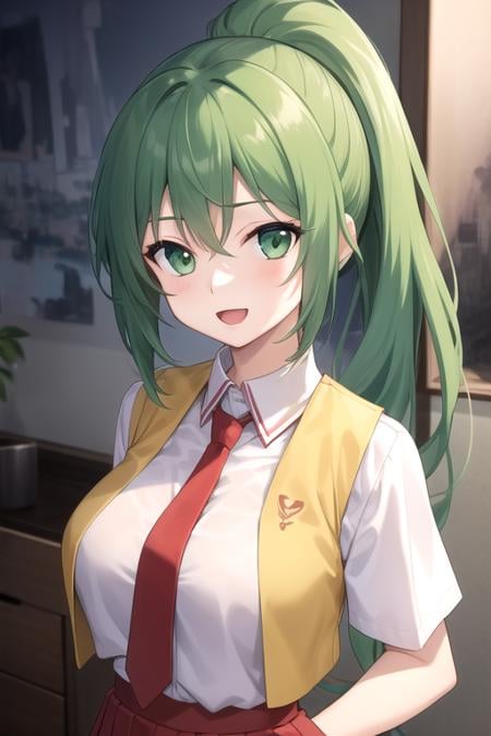 ((masterpiece)),(best quality),official art,extremely detailed CG,unity 8k wallpaper,ultra detailed,beautiful detailed eyes,extremely detailed face,1girl,solo,upper body,(portrait:1.5),looking at viewer,facing viewer,:d,sonozaki mion,long hair,green hair,high ponytail,parted bangs,green eyes,open mouth,yellow vest,cropped vest,open clothes,collared shirt,red necktie,white shirt,short sleeves,large breasts,tight,red skirt,long skirt,white socks,loafers,<lora:Sonozaki Mion(hnnk)>,