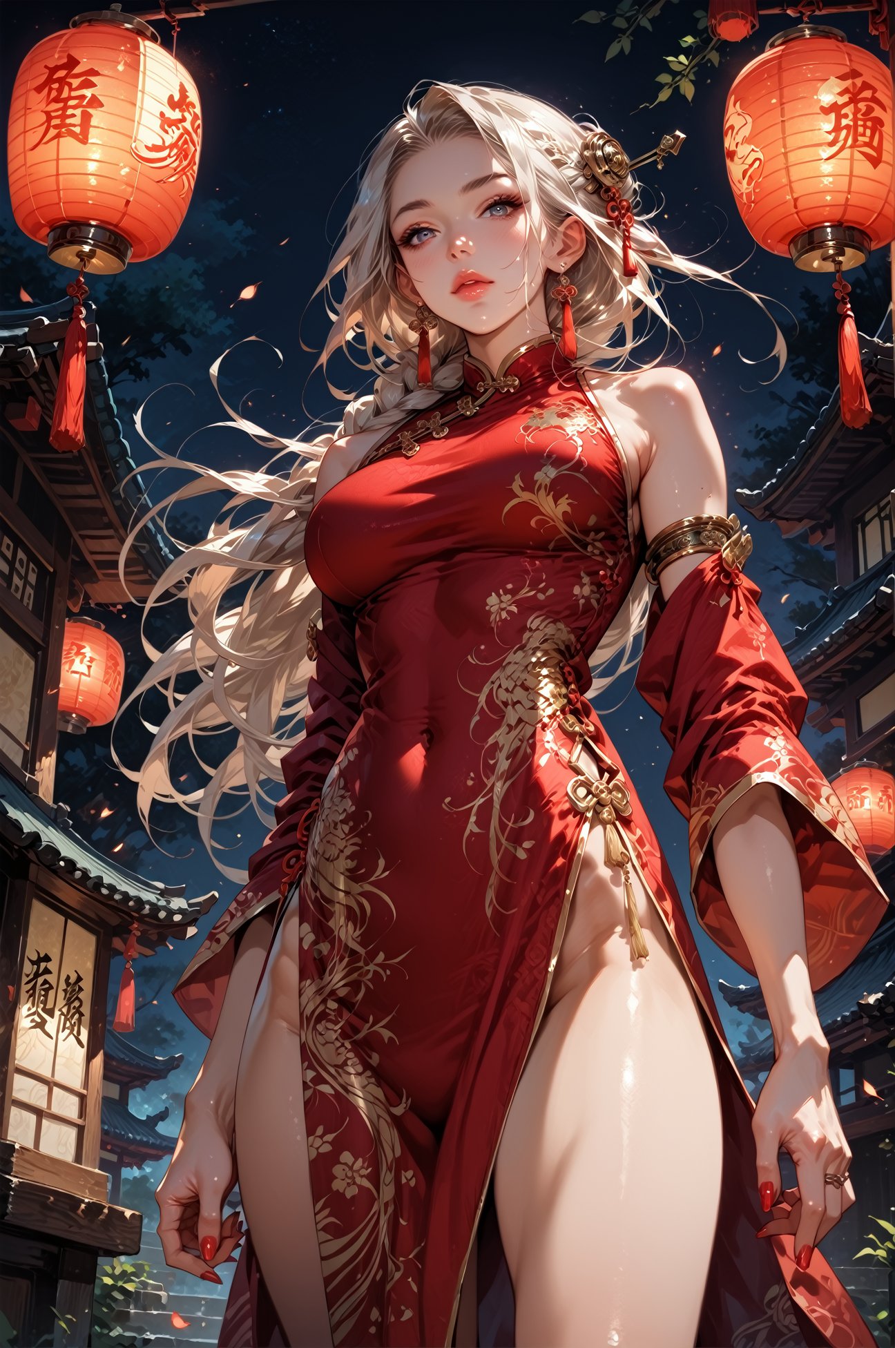 score_9, score_8_up, score_7_up, score_6_up, 1girl, solo, long hair, breasts, looking at viewer, large breasts, dress, standing, braid, thighs, chinese dress, nail polish, lips, sash, night, colored skin, looking down, from below, red dress, paper lantern, long hair, earrings, hair pin, <lora:LOAwdl34pXL:0.7>,LOAwdl34pXL, qipao, armlet, long sleeves,<lora:sinfully_stylish_SDKL:0.5> <lora:Fant5yP0ny:0.6>, concept art, realistic, <lora:Expressive_H:0.5> Expressiveh 