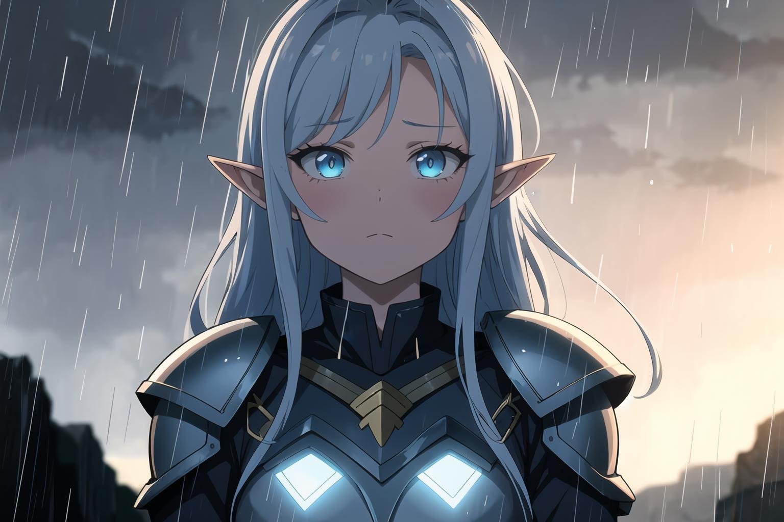 1girl, solo, long hair, bangs, blue eyes, braid, black hair, pointy ears, elf, upper body, black gold armor, armor, gold collar, dark atmosphere, rain, fog, pale skin, outdoors, scared, sad, cave, glowing eyes, blue glow, scared eyes, wide open eyes, shadow, low light, <lora:Platinum_Anime_Hentai_CG_Helper_R2.3:1>