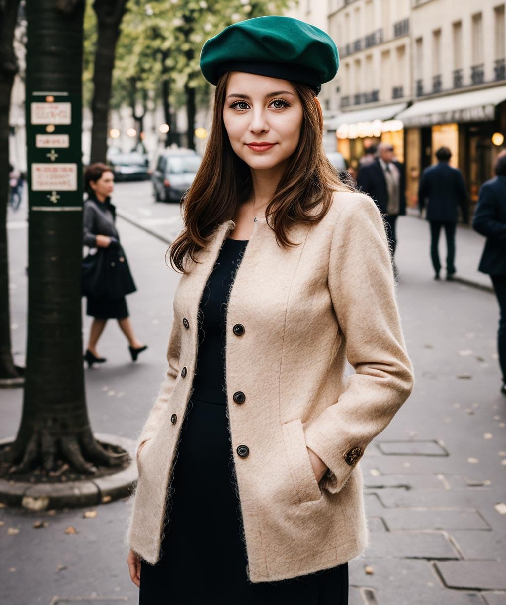 professional portrait photo of a woman in a beret and mohair jacket on the streets of paris, bokeh
