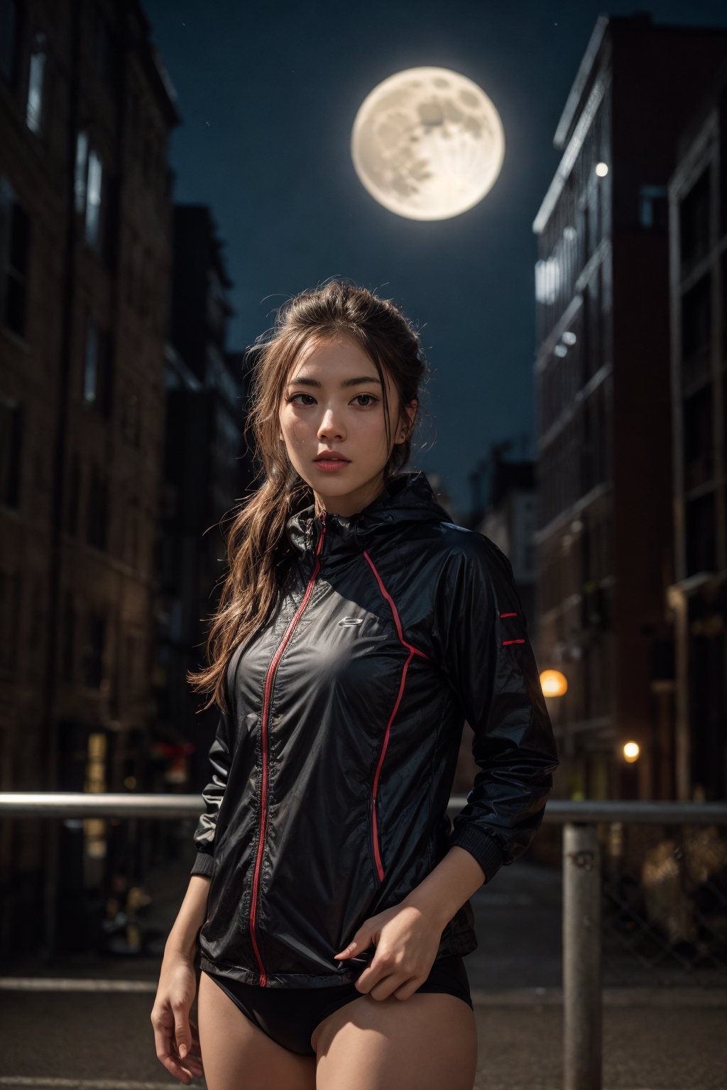 masterpiece,best quality,(photorealistic:1.4),HDR,absurdres,Professional,RAW photo,1girl,at night,moon,Nylon - Durable,water-resistant,and commonly used in activewear and outdoor clothing,full moon,<lora:more_details:0.3>,