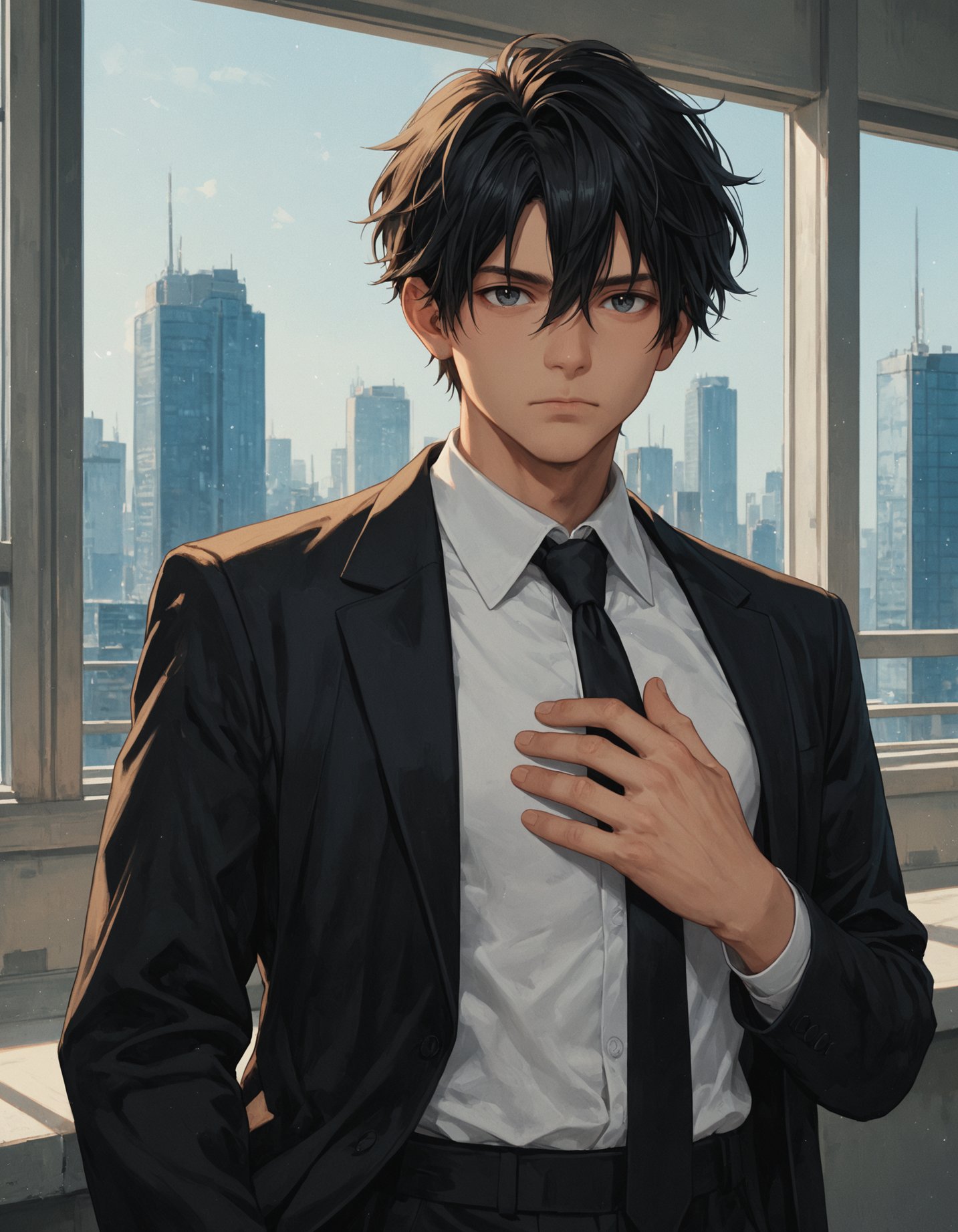 score_9, score_8_up, score_7_up, solo, looking at viewer, shirt, black hair, 1boy, hair between eyes, closed mouth, suit jacket, white shirt, upper body, collared shirt, black necktie, hand on own chest, skyscraper, window