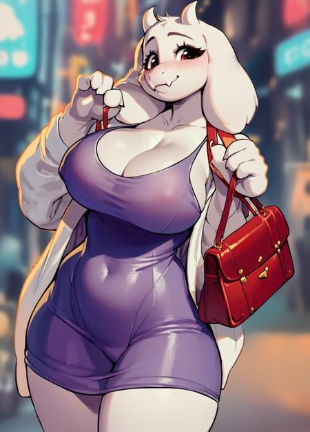 score_9, score_8_up, score_7_up, score_6_up, score_5_up, score_4_up, source_furry, style_cartoon, rating_safe, <lora:Toriel:.9>, Toriel is standing looking at her breasts which are covered by a partially see-through purple dress, blurry city background, tight clothes,  holding a red purse