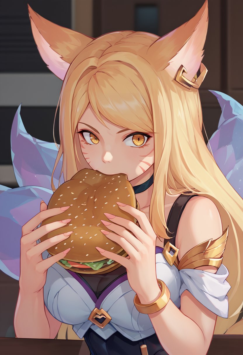 score_9, score_8_up, score_7_up, source_anime, upper body, solo, 1girl, ahrikda, jermaWhopper, eating, burger, looking at you, animal ears, facial mark, fox tail, multiple tails, long hair, blonde hair, yellow eyes, large breasts, makeup, choker, jewelry, earrings, bracelet, Leotard, leotard under clothes, bare shoulders, indoors <lora:Ahri_KDA_pdxl_Incrs_v1:1> <lora:jermawhopper-pdxl-nvwls-v1:1>