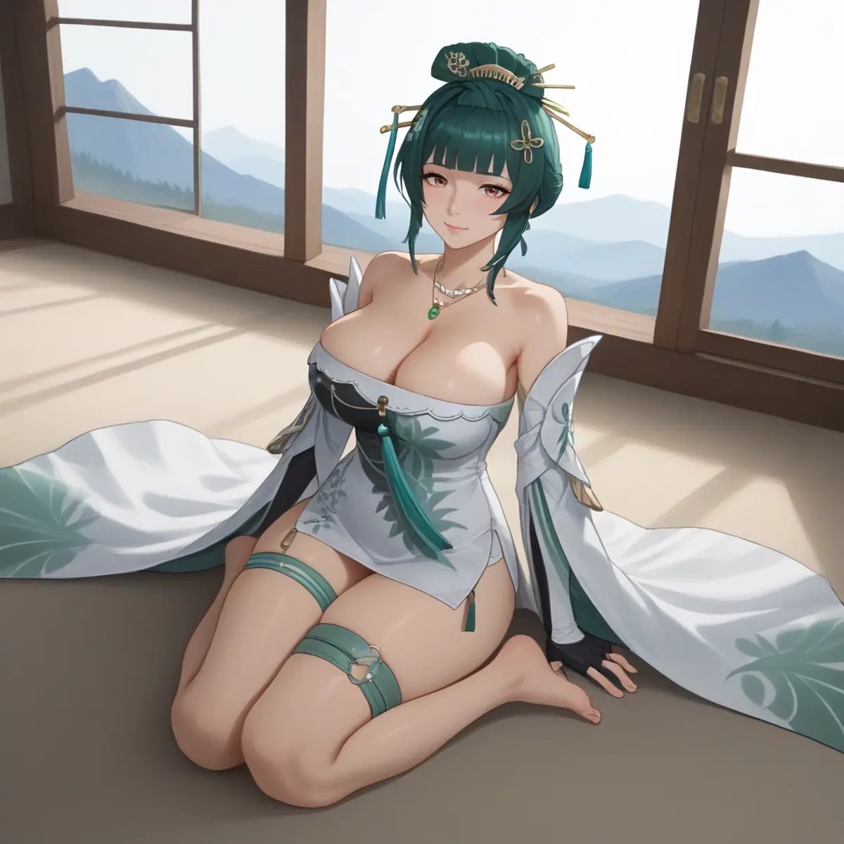 1girl, solo, Hanying, green hair, single hair bun, hair stick, hair ornament, necklace, strapless dress, white dress, cleavage, detached sleeves, fingerless gloves, seiza, sitting , full body, thigh strap, skindentation, indoors, teahouse, window, mountains <lora:SDXL_Hyper:1> <lora:STFD_P:1> <lora:hanying-pdxl-nvwls-v1:1>