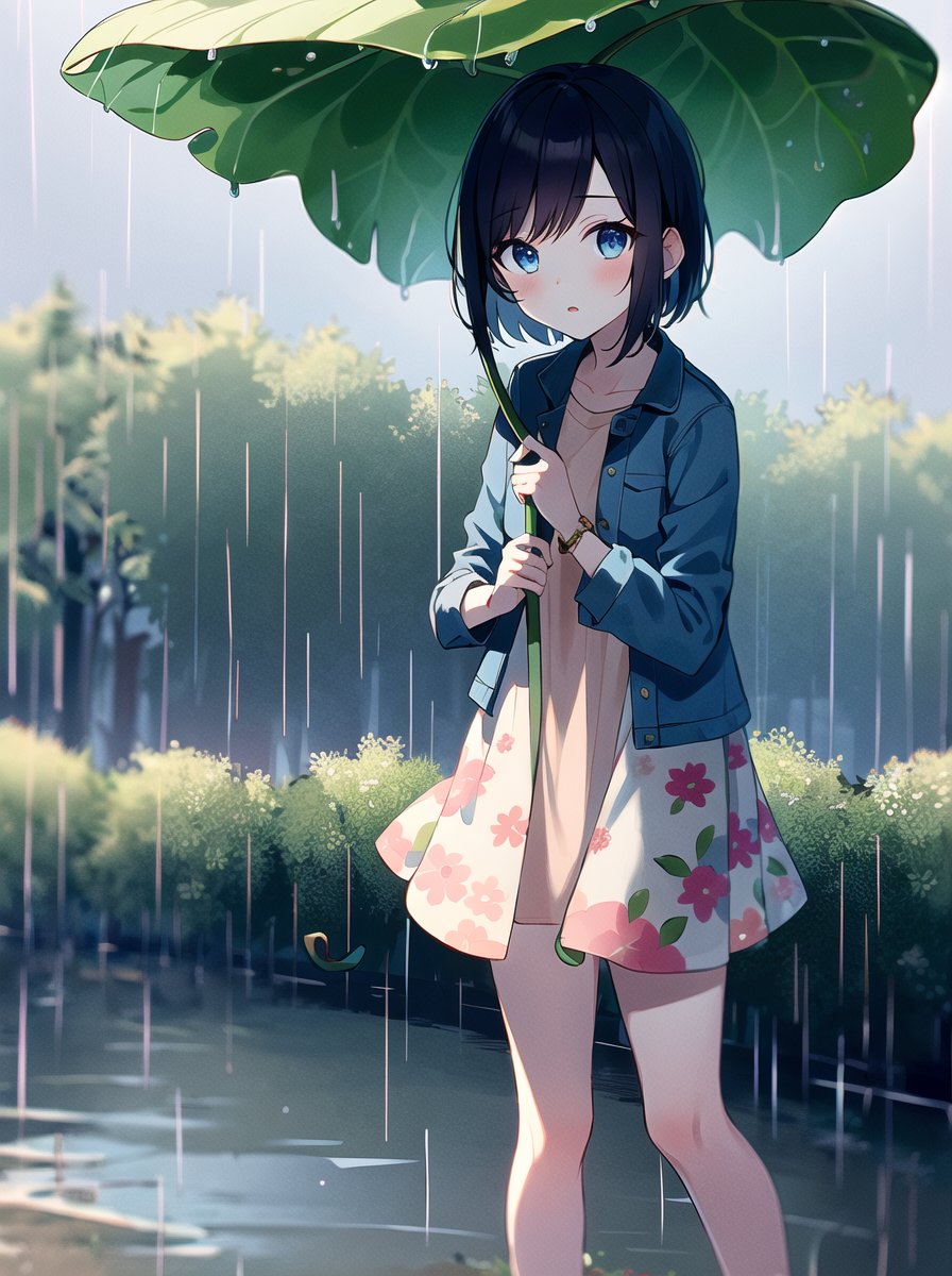 masterpiece, best quality, 1girl,looking at viewer,leaf umbrella,leaf,brwon hair,short hair,floral dress, denim jacket,outdoar,rain <lora:leafumbrella:0.7>