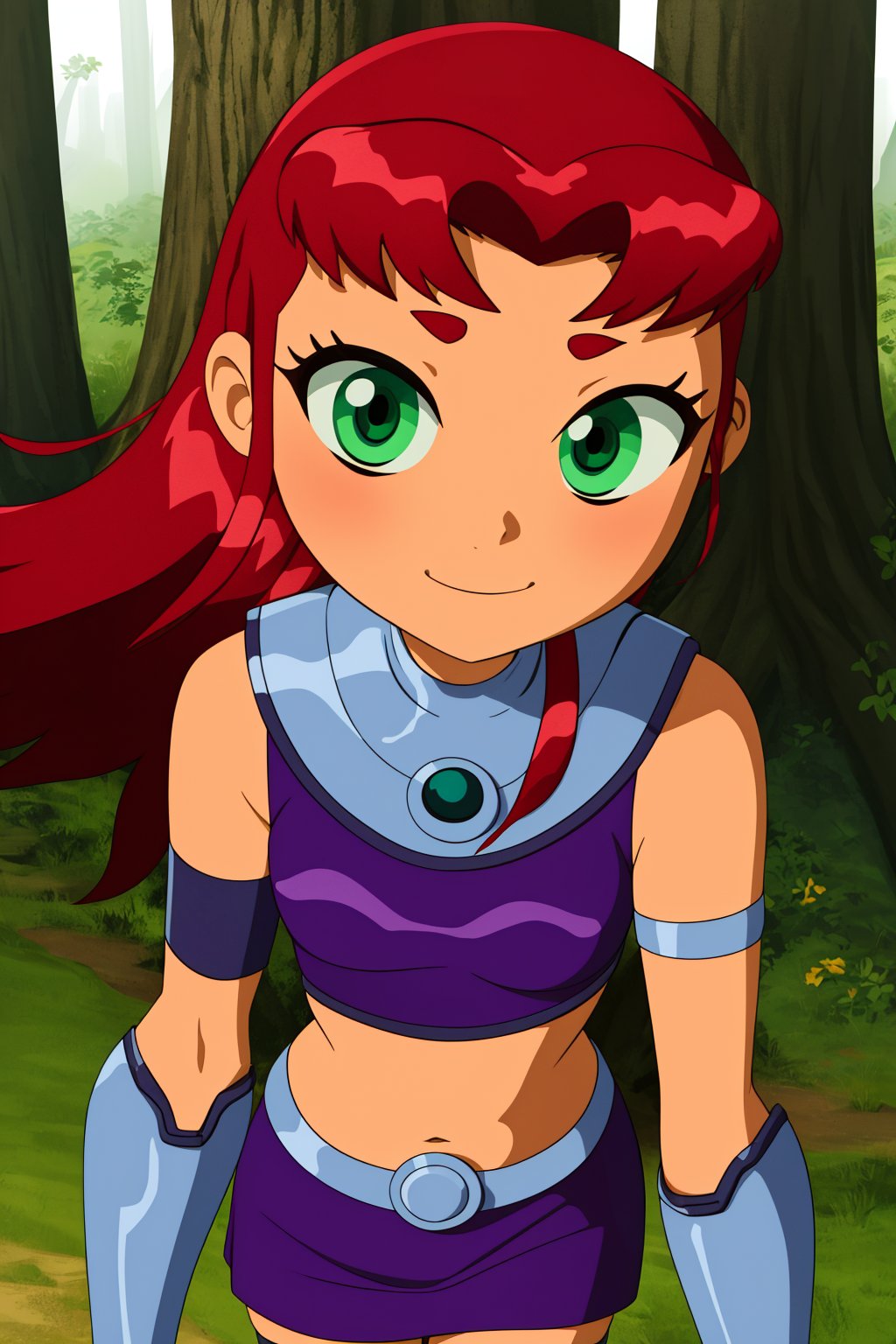 starfire, 1girl, solo, green eyes, long hair, red hair, orange skin, dark skin, dark-skinned female,purple miniskirt, purple crop top, sleeveless, bare shoulders, purple thighhighs, midriff, armlet, gloves, vambraces,smile,closed mouth,cowboy shot,forest,outdoor,(insanely detailed, beautiful detailed face, masterpiece, best quality) cinematic lighting,<lora:Starfire_v3:1>, <lora:more_details:0.3>,