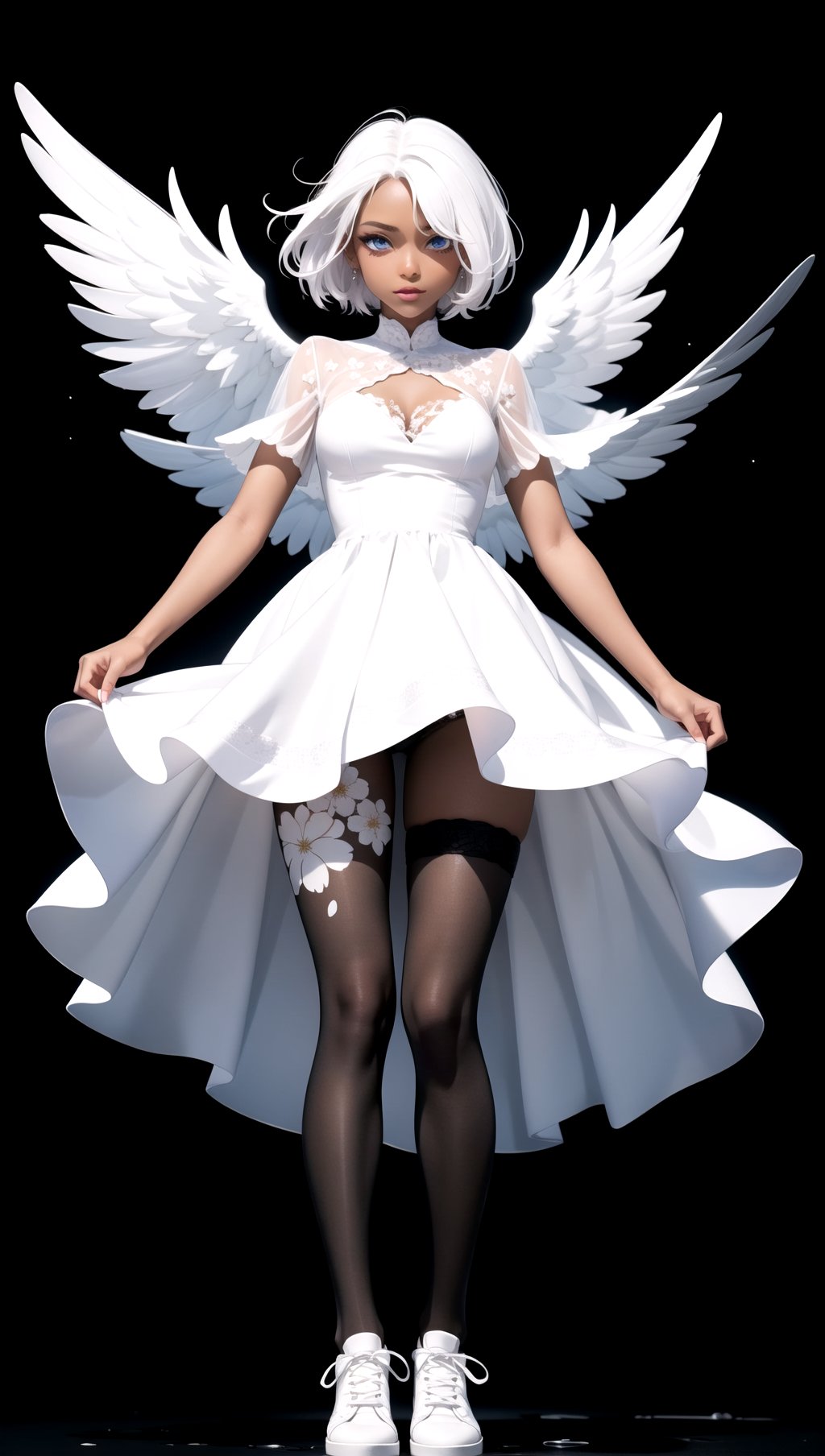 a woman with white hair and blue eyes,in a white dress with a black background and a splashs of paint all over,Celestial Skin,dark skin,flower-pattern,see-through white dress,black under cloths,facing viewer,hair blowing in the wind,white shoes,fantasy,white fires all over,