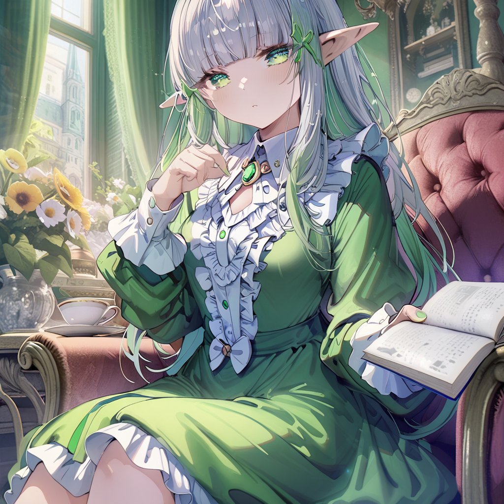 Noyu,sketch,1girl,elf,chibi,long hair,silver hair,green gradient hair,blunt bangs,green eyes,small breasts,green brooch,frilled shirt,long sleeves,dress,sitting,looking at viewer,half-closed eyes,holding book,window,curtains,plant,flower,book,teacup,chair,sofa,open book,paper,masterpiece,bestquality,onnk,line art,line style,Depth of field,(colorful),Torino,