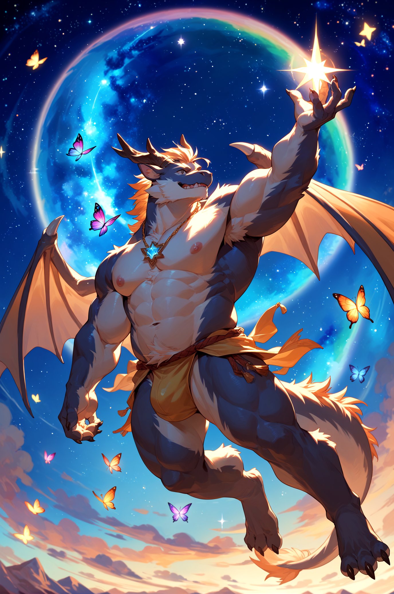 score_9,score_8_up,score_7_up,furry,kemono,high quality,full body,tail,furry,rating_explicit,embedding:zPDXL3 BREAK anthro male furry,solo,dragon,Universe,nebula,space,(stars:1.2),(many Magic transparent glowing Butterfly),(Colorful starry sky Magic two bat wings ),bright light ball,fantasy,colorful,brilliant,halo,[huge musclegut:0.65],sfw,Fundoshi,