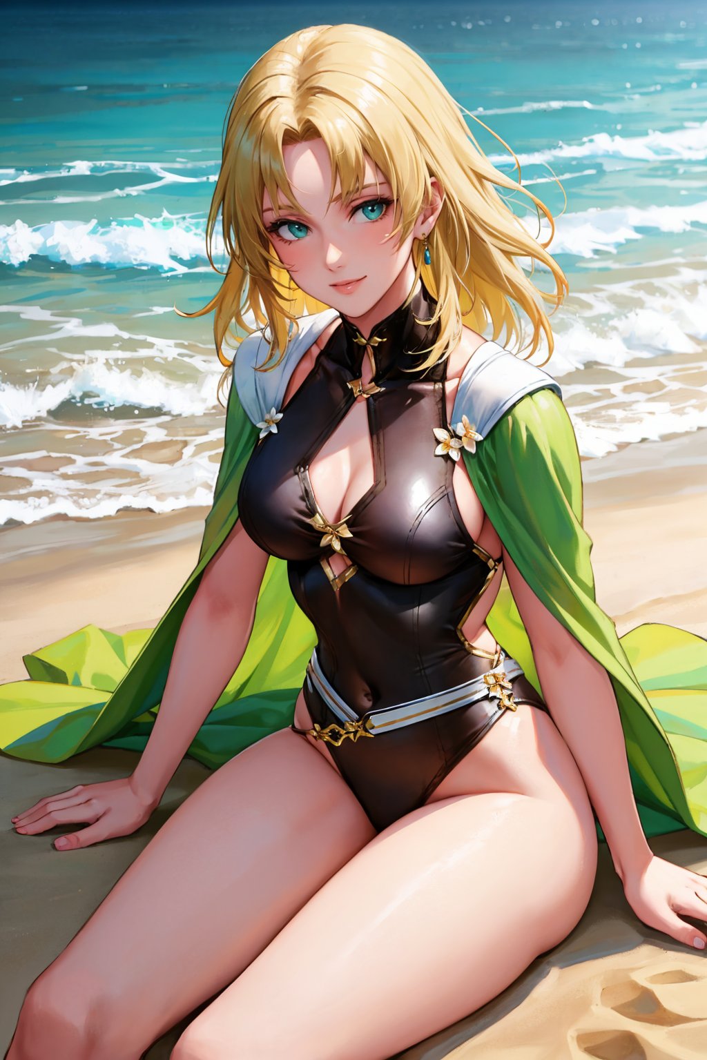 masterpiece, best quality, feSelena, green capelet, one-piece swimsuit, flower, looking at viewer, beach, sitting, sand, waves, smile, calm <lyco:selena-nvwls-v2-000008:0.9>