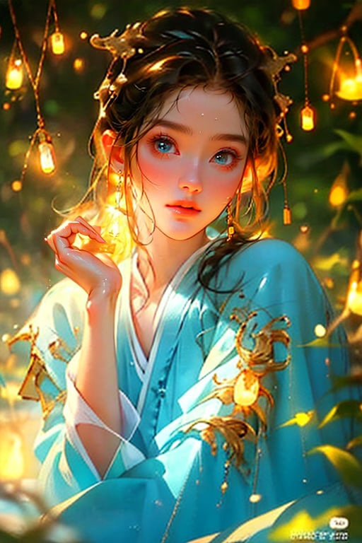 busty, sexy, beautiful WOMAN, 8k, charming body, good hand, good fingers, smooth coloring, sharp color, highly detailed and clean, Exquisite, Clear outline, masterpiece, ultra-realistic, best quality, high resolution, high definition, sumptuous SEXY HANFU,  dark sphere,Many glowing fireflies fly around <lora:lora:1>, blue tone