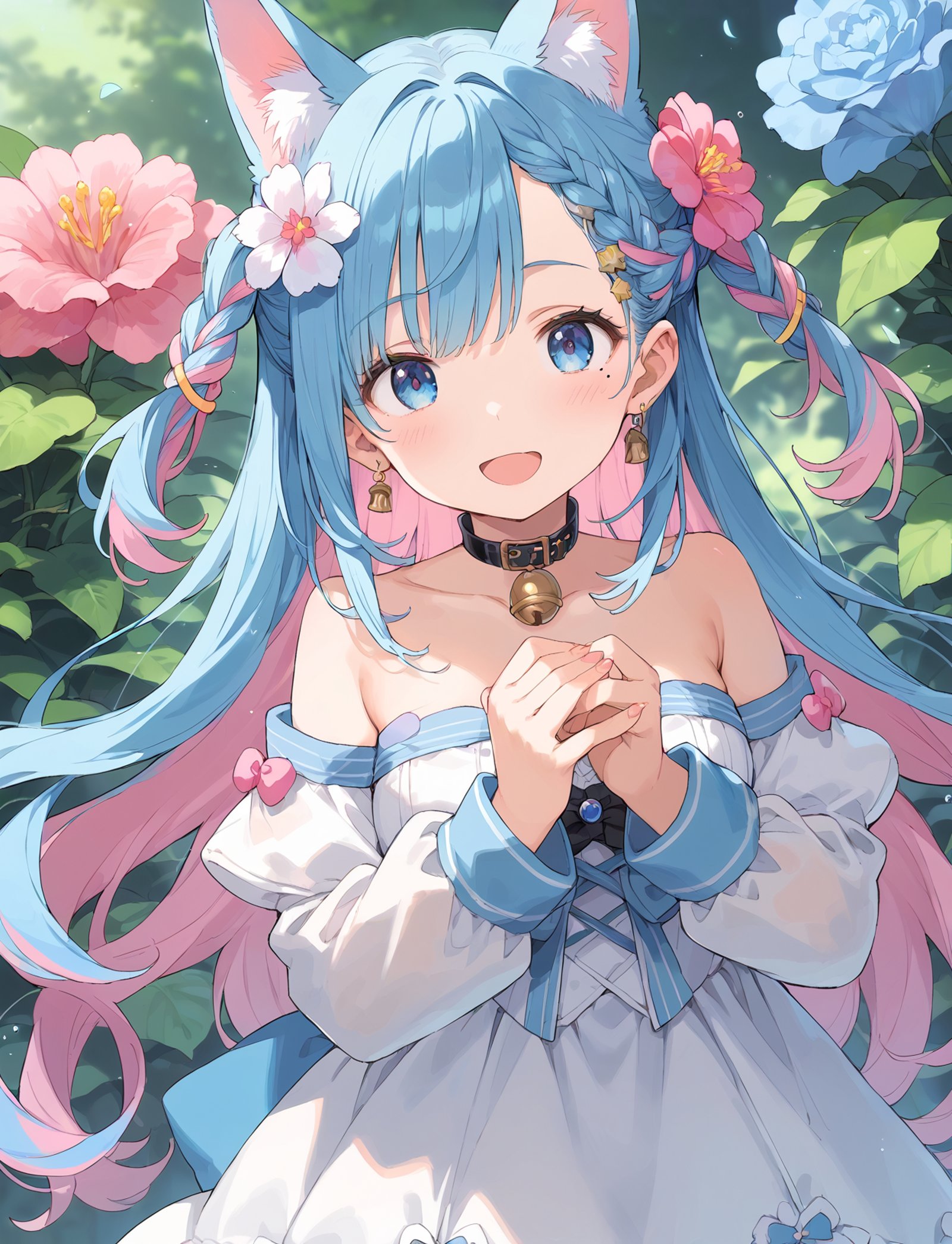 score_9, score_8_up, source_anime, (score_7_up, score_6_up:0.8) , source_anime, official art, masterpiece, highres, BREAK1girl, , animal ear fluff, animal ears, bell, blue eyes, blue hair, braid, choker, dress, flower, hair flower, hair ornament, long hair, long sleeves, looking at viewer, mole, mole under eye, multicolored hair, neck bell, open mouth, pink flower, pink hair, smile, solo, strapless, strapless dress, two-tone hair, very long hair, white dress