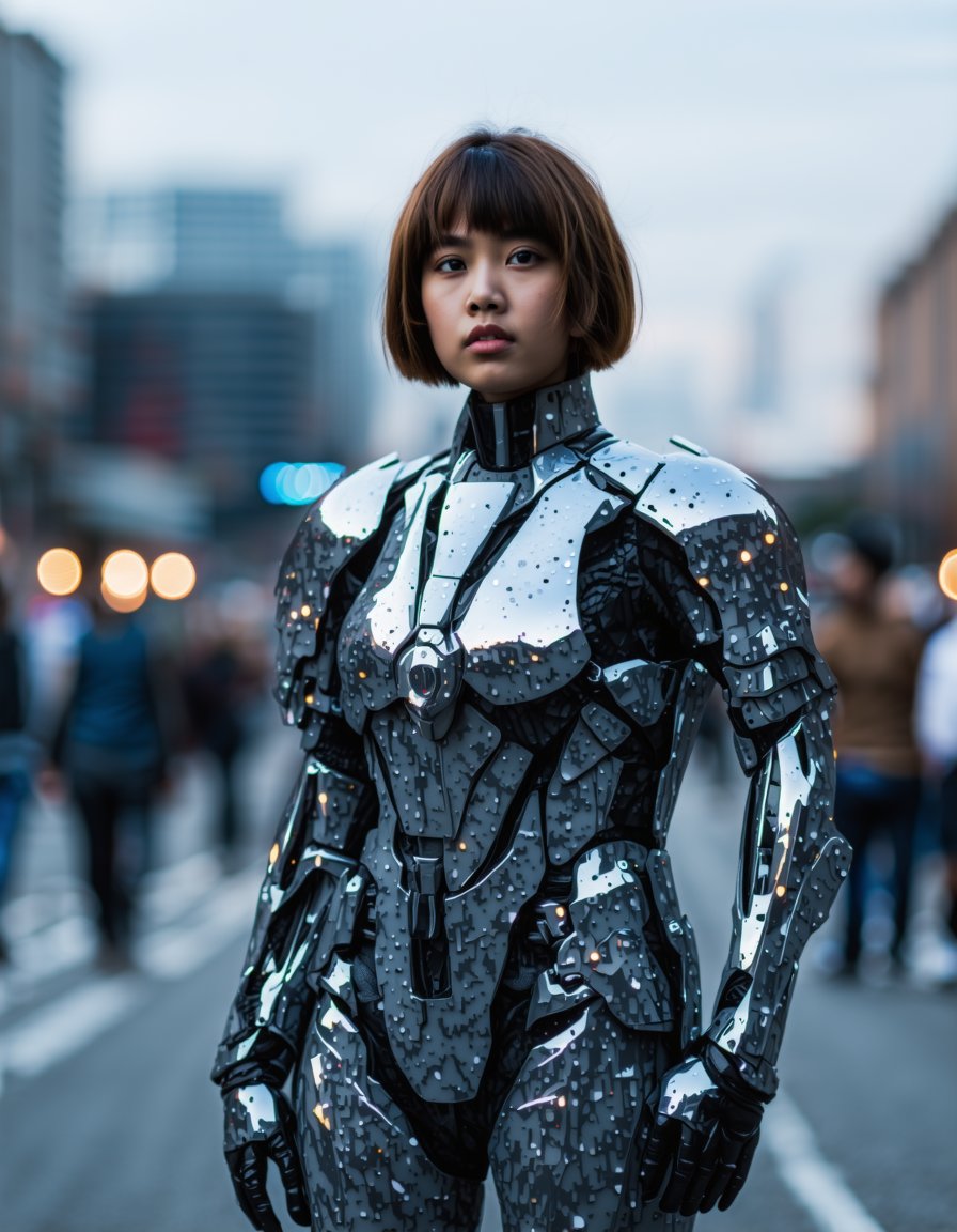 best quality, 4K, 8K, high-resolution, masterpiece, ultra-detailed, photorealistic,  a woman in a silver and camouflage suit stands in the middle of a city street with her hands on her hips, 1girl, looking at viewer, short hair, gloves, brown eyes, standing, outdoors, cowboy shot, blunt bangs, fingerless gloves, blurry, armor, lips, blurry background, bodysuit, bob cut, building, science fiction, city, arms at sides, realistic, street,