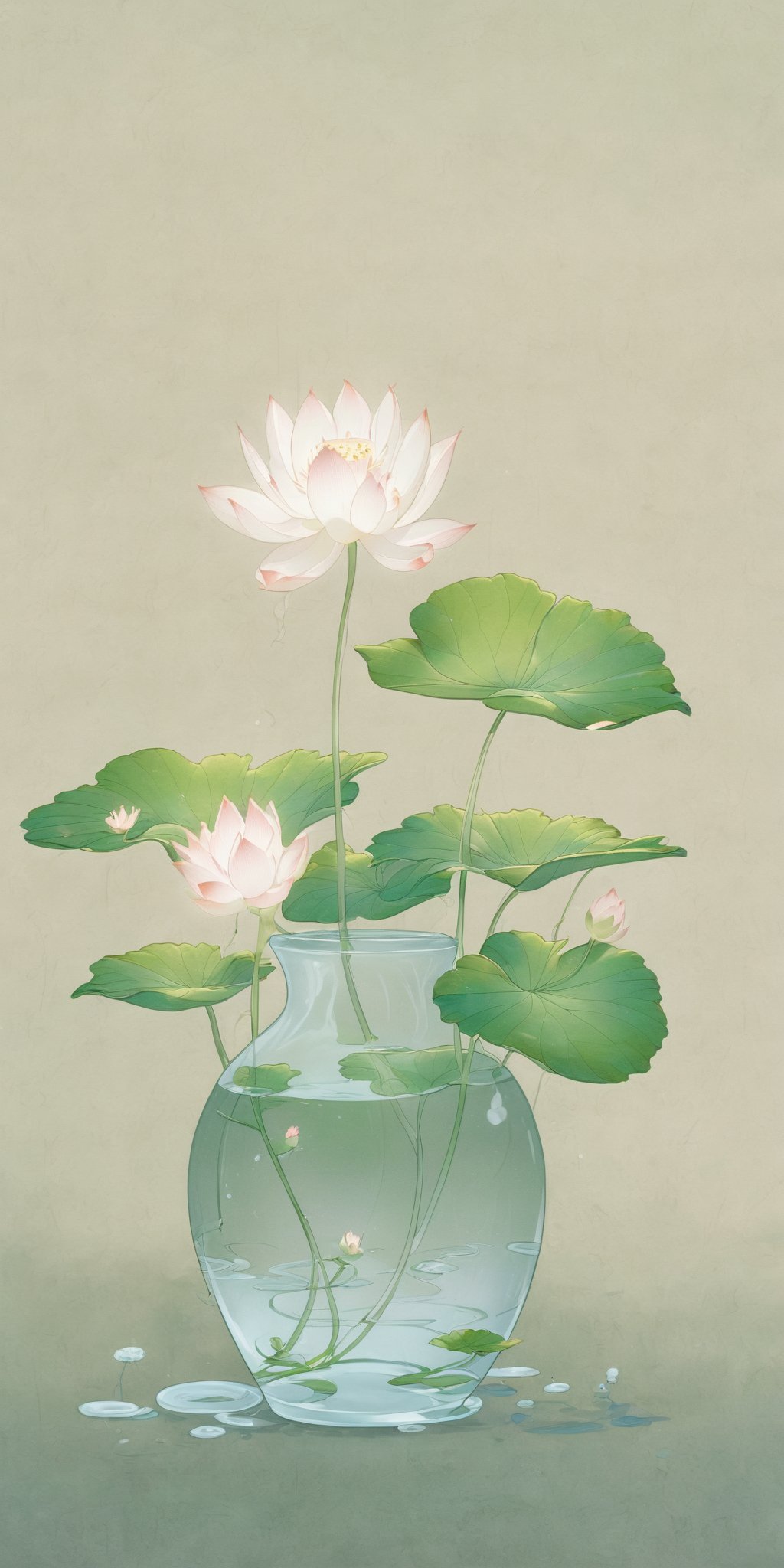 ((best quality)),masterpiece,HD,HDR,8K,(haibao:1.2),flower,no humans,lotus,water,leaf,koi,Zen-inspired wood-themed e-commerce background,green theme,little vase