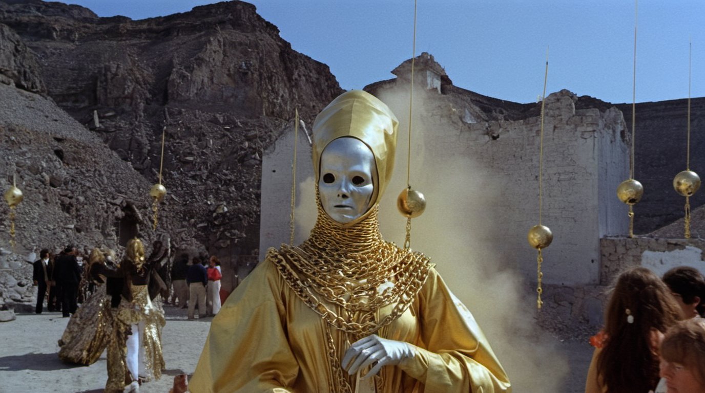 film scene from a Jodorowsky 1976 film of a ancient golden Creature covered in many golden gowns and chains as it terrorizes a ceremony amongst destruction and people near a desert castle. film dust and dirt <lora:boring-v4:0.4><lora:boring-alpha-v3:0.3> <lora:boring-v4-faces-version:0.4>