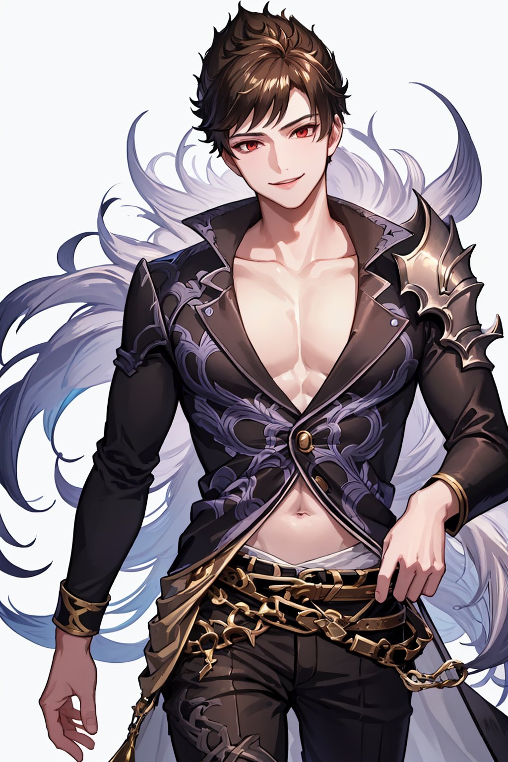 masterpiece,best quality, highly detailed, belial (granblue fantasy),1boy,solo,male focus,feather boa,looking at viewer,smile,pectoral cleavage,black shirt<lora:belial_(granblue_fantasy):1>,simple background,white background