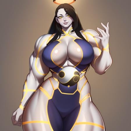 (masterpiece, best quality:1.3), DrakkaiArt, 1girl, solo, looking at viewer, wide hips, mature female, closed mouth, seductive smile, large breasts, cowboy shot, muscular female, thick thighs, <lora:DrakkaiArt Style Lora:.85>, sethstf, yin yang, neon trim, halo, hair rings, metallic skin, android, white skin,  <lora:sethstf:.8>